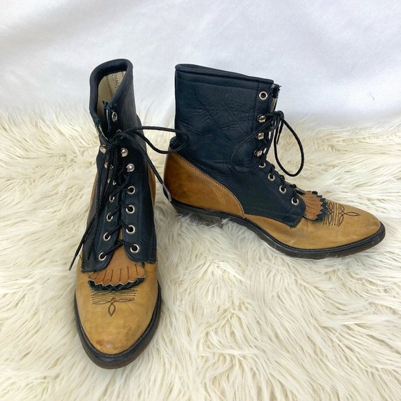 Source Unknown Shoes - Western Lace Up Heeled Cowboy Boots 9 Women's two Tone